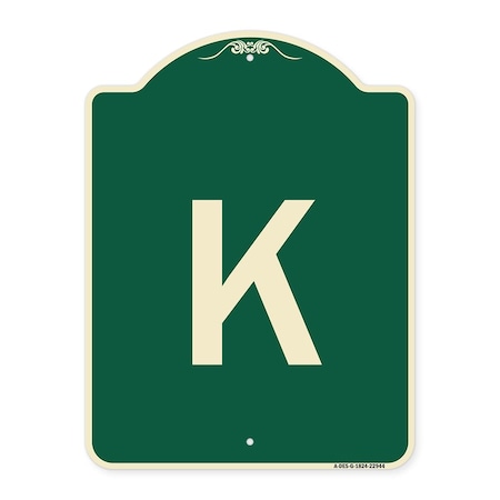 Signmission Designer Series Sign W/ Letter K, Green & Tan Heavy-Gauge Aluminum Sign, 24" x 18", G-1824-22944 A-DES-G-1824-22944